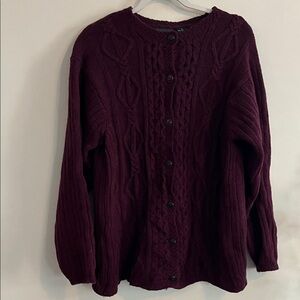 Vintage Henley Shetland Wool Cable Knit Cardigan Sweater Purple Wine Fisherman L